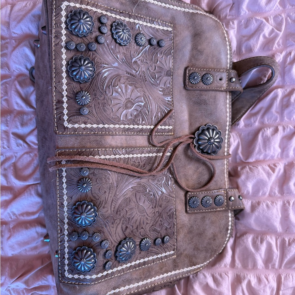 Brown Floral Embossed Leather Bag